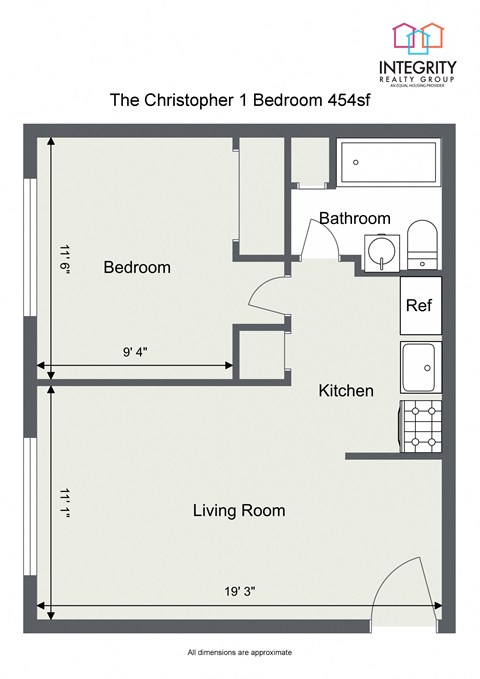 Floor plan for 1 bed, 1 bath, 454 sqft